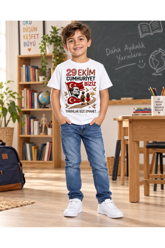Cumhuriyet Çocuğu Örgü – 29 Ekim Cumhuriyet Bayramı DTG Baskılı Beyaz Tişört - Görsel 5