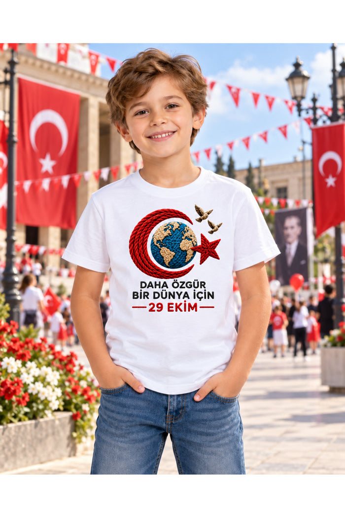 29 Ekim Ruhuyla – Cumhuriyet Bayramı DTG Baskılı Beyaz Tişört - Görsel 2