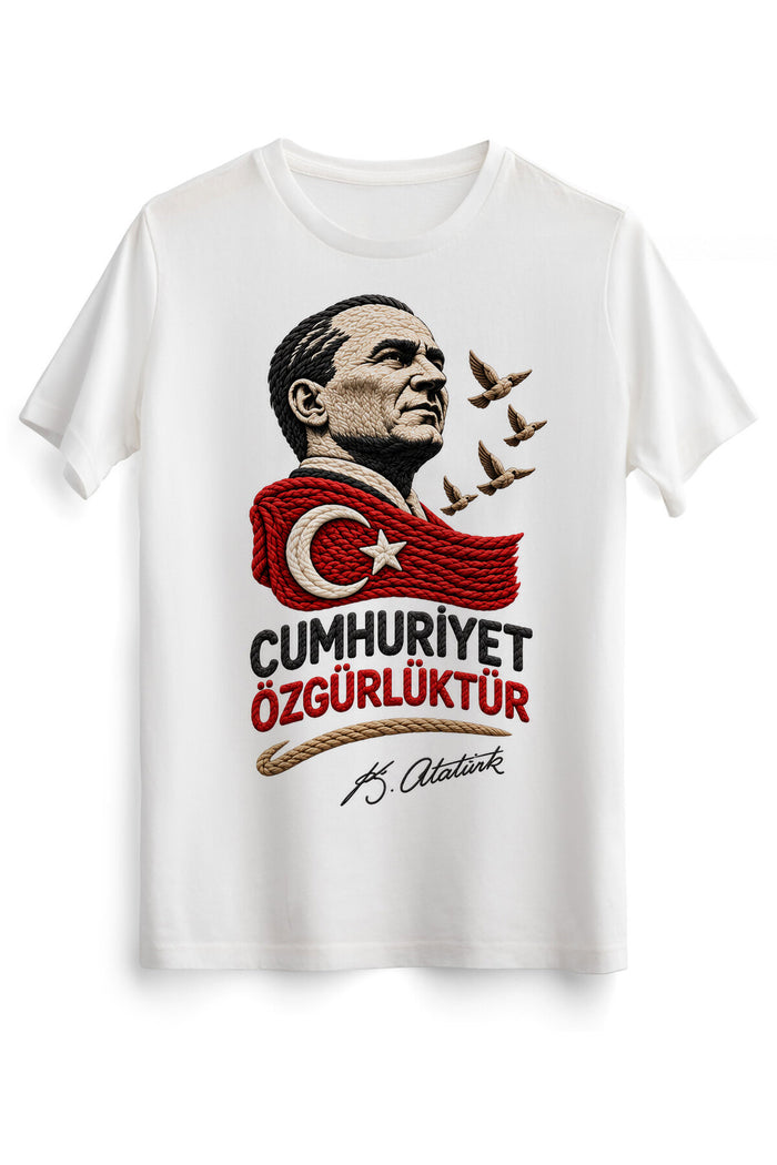 Atatürk’ün İzinde Örgü – 29 Ekim Cumhuriyet Bayramı DTG Baskılı Beyaz Tişört - Görsel 4
