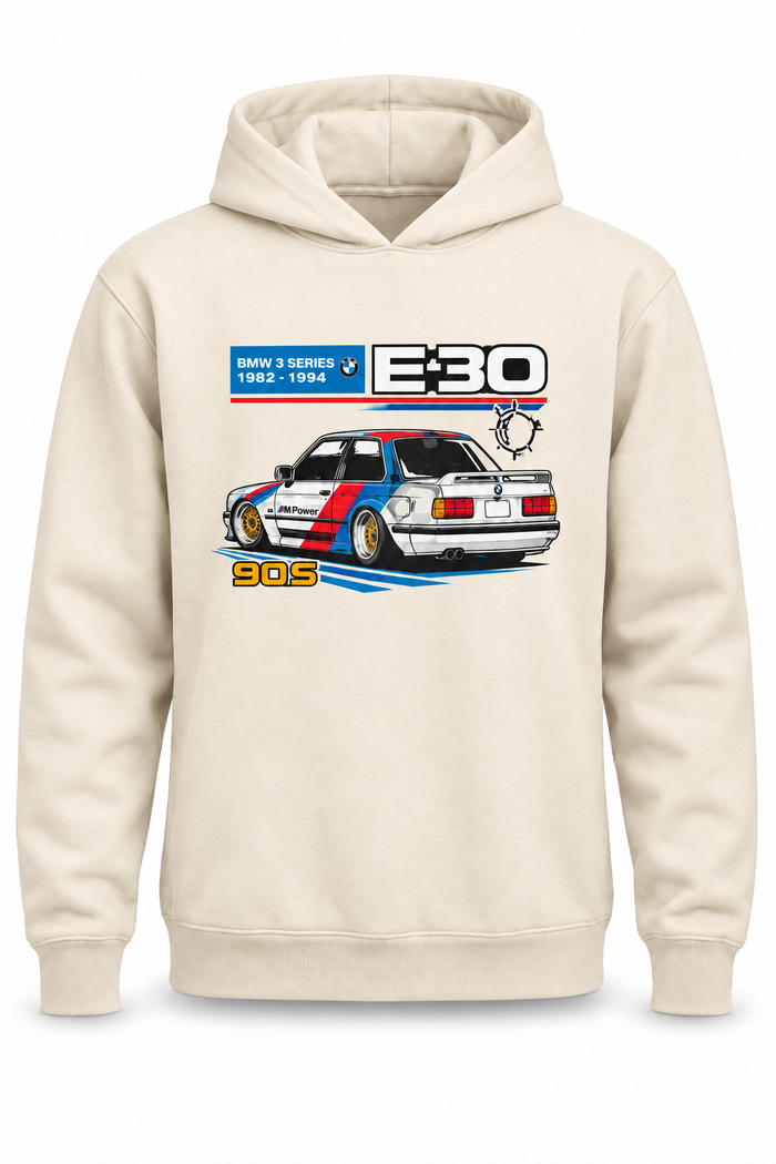 Ekru | BMW E30 90s Motorsport DTG Baskılı Kapüşonlu Cepsiz Sweatshirt — tek ürün fotoğrafı