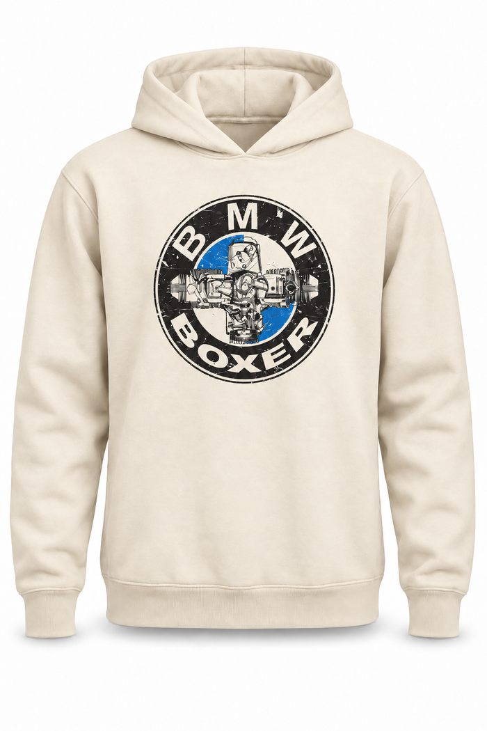 Ekru | BMW Boxer Motor DTG Baskılı Kapüşonlu Cepsiz Sweatshirt — tek ürün fotoğrafı