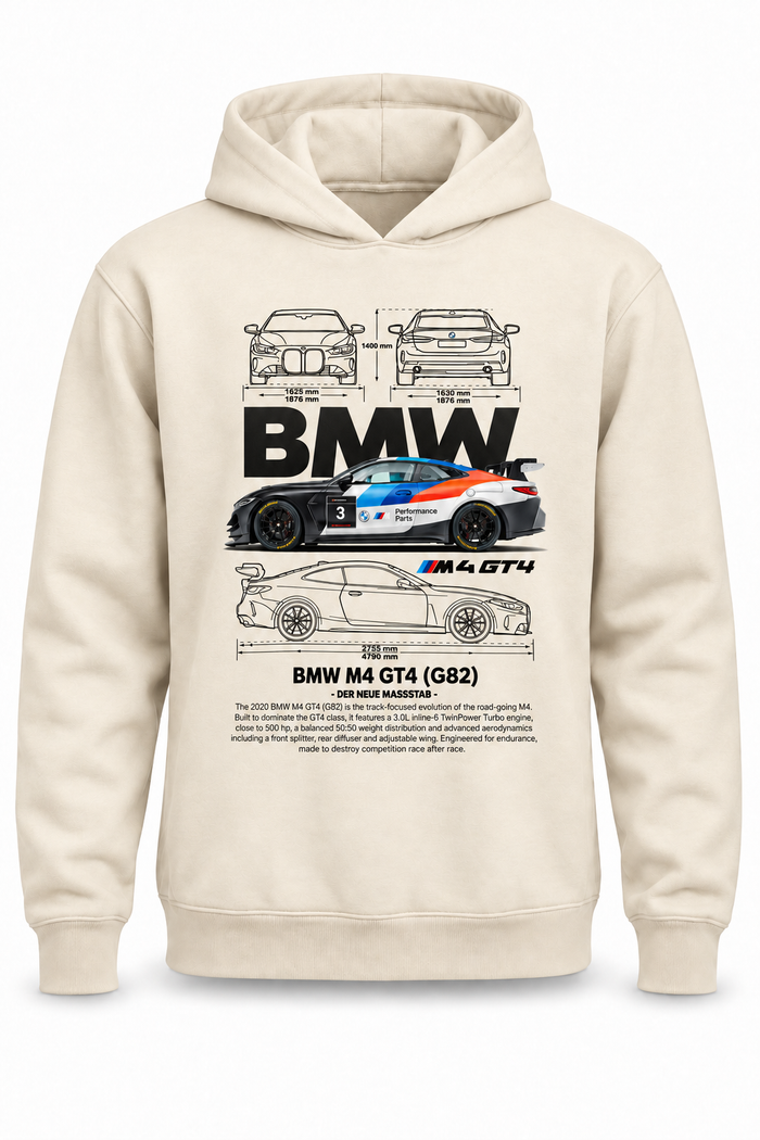 Ekru | BMW M4 GT4 G82 Teknik Çizim DTG Baskılı Kapüşonlu Cepsiz Sweatshirt — tek ürün fotoğrafı