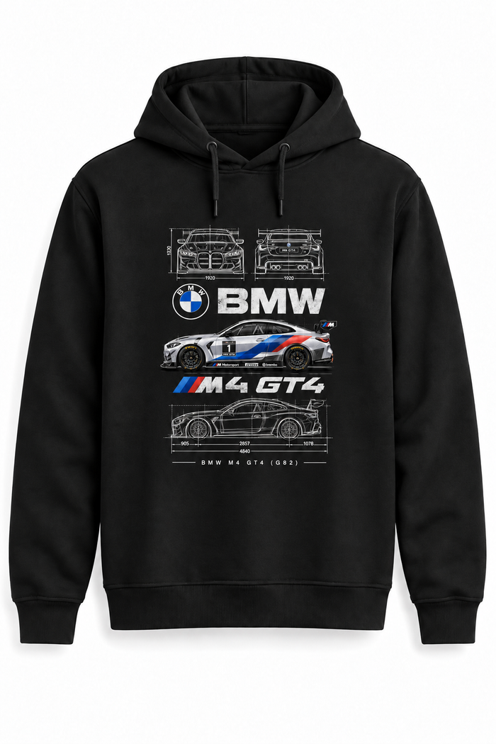 Siyah | BMW M4 GT4 G82 Teknik Çizim DTG Baskılı Kapüşonlu Cepsiz Sweatshirt — tek ürün fotoğrafı