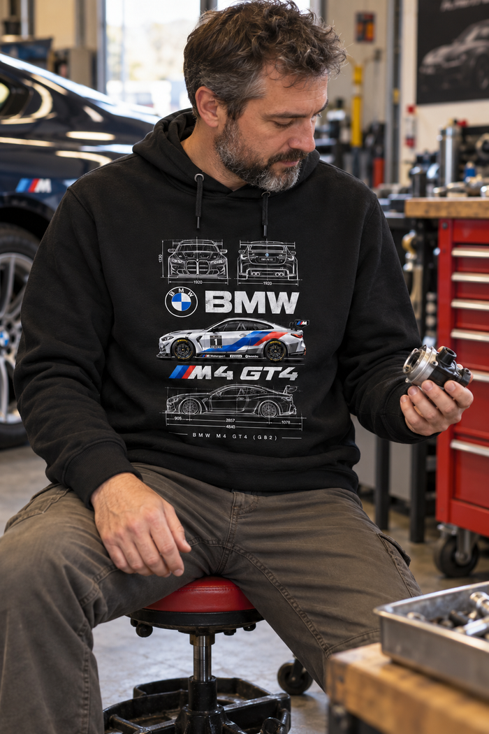 Siyah | BMW M4 GT4 G82 Teknik Çizim DTG Baskılı Kapüşonlu Cepsiz Sweatshirt — mankenli görünüm 1