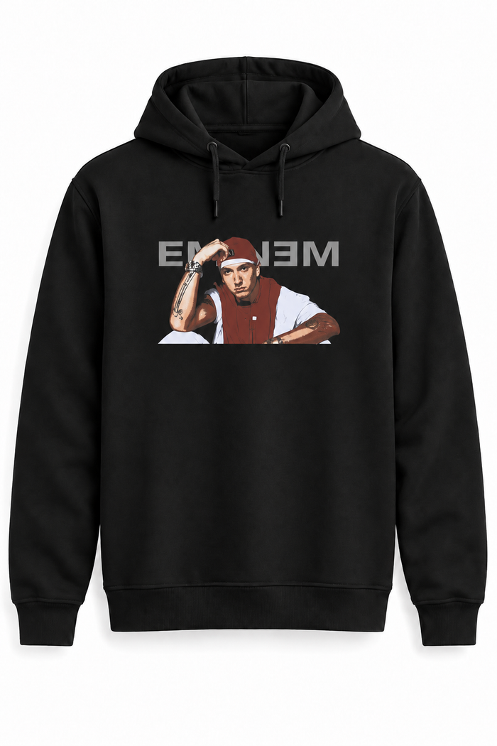 Eminem Kırmızı Şapkalı Portre Baskılı Siyah Kapüşonlu Cepsiz Sweatshirt - tek ürün ana görsel — AlfaTshirt orijinal iki bağcıklı cepsiz sweatshirt kalıbı
