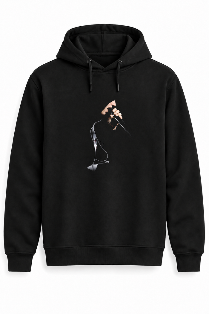 Eminem Kapüşonlu Mikrofon Baskılı Siyah Kapüşonlu Cepsiz Sweatshirt - tek ürün ana görsel — AlfaTshirt orijinal iki bağcıklı cepsiz sweatshirt kalıbı