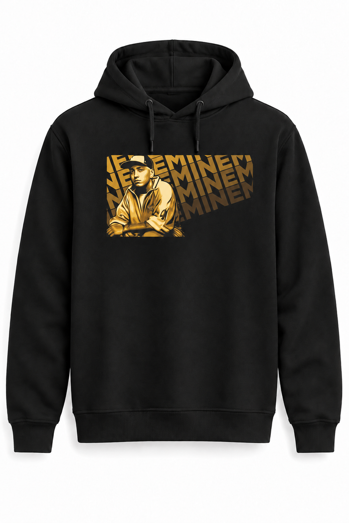 Eminem Altın Portre Baskılı Siyah Kapüşonlu Cepsiz Sweatshirt - tek ürün ana görsel — AlfaTshirt orijinal iki bağcıklı cepsiz sweatshirt kalıbı
