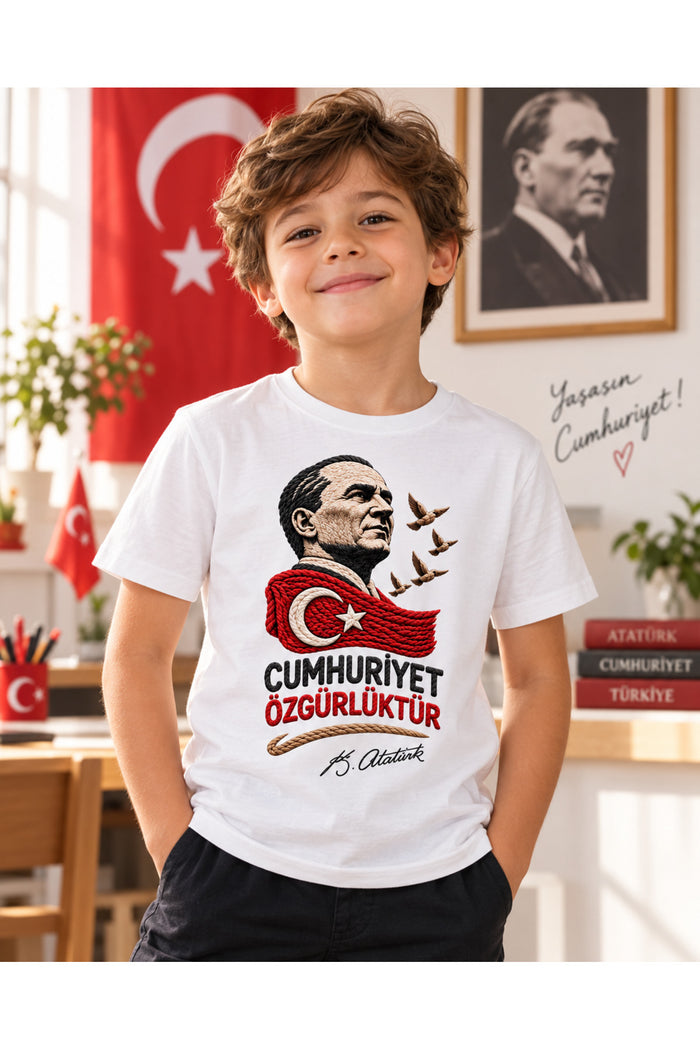 Atatürk’ün İzinde Örgü – 29 Ekim Cumhuriyet Bayramı DTG Baskılı Beyaz Tişört - Görsel 2