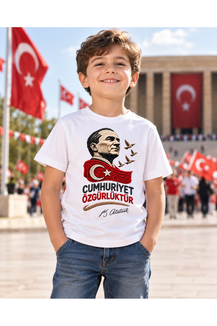 Atatürk’ün İzinde Örgü – 29 Ekim Cumhuriyet Bayramı DTG Baskılı Beyaz Tişört