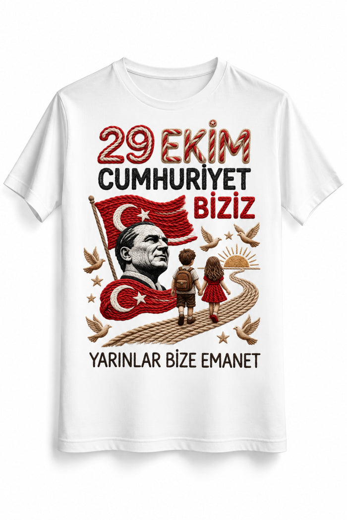 Cumhuriyet Çocuğu Örgü – 29 Ekim Cumhuriyet Bayramı DTG Baskılı Beyaz Tişört
