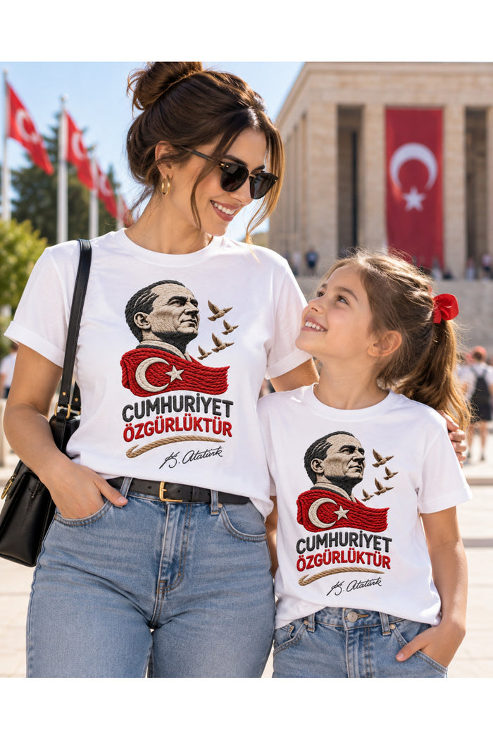 Atatürk’ün İzinde Örgü – 29 Ekim Cumhuriyet Bayramı DTG Baskılı Beyaz Tişört - Görsel 3