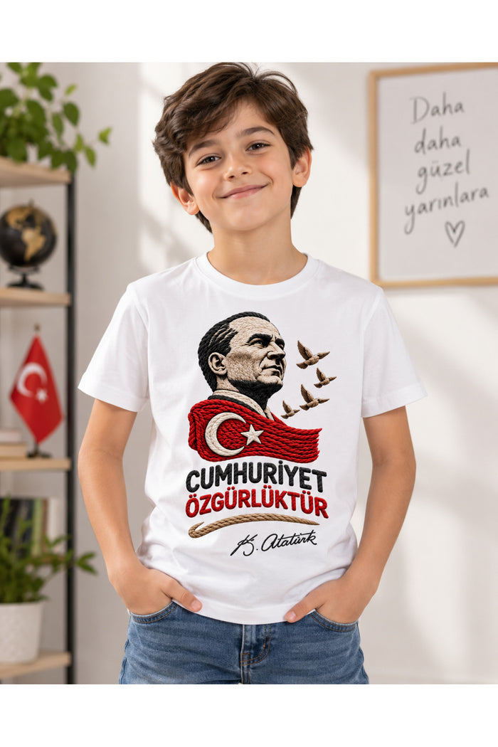 Atatürk’ün İzinde Örgü – 29 Ekim Cumhuriyet Bayramı DTG Baskılı Beyaz Tişört - Görsel 5