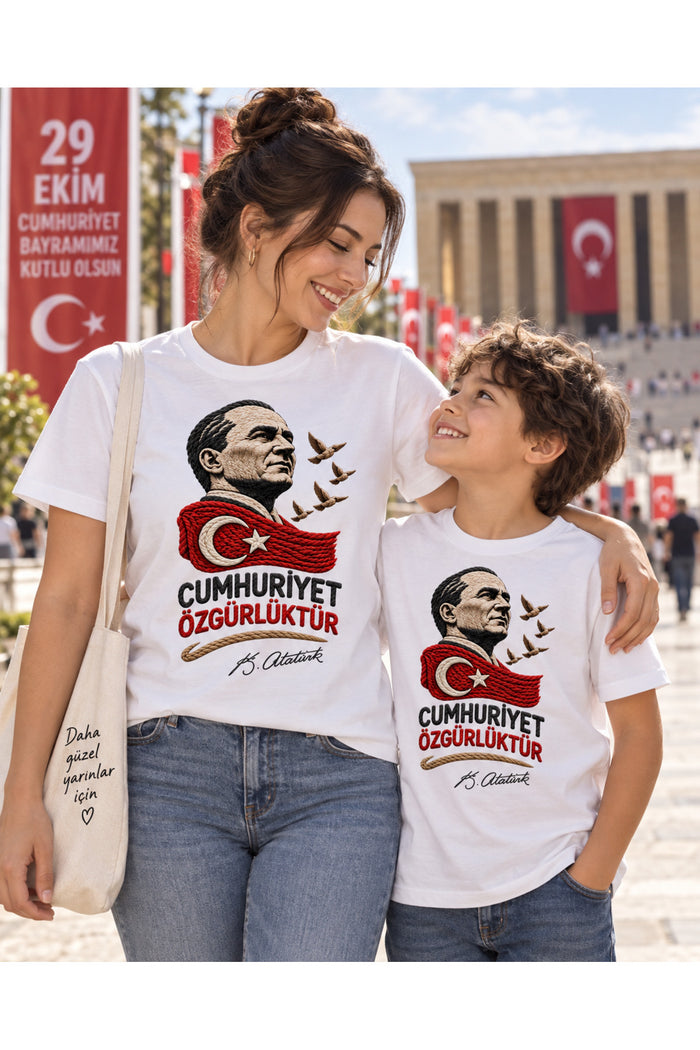 Atatürk’ün İzinde Örgü – 29 Ekim Cumhuriyet Bayramı DTG Baskılı Beyaz Tişört - Görsel 6