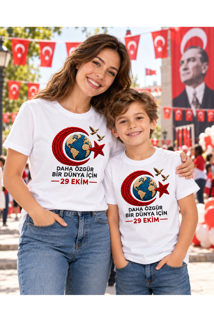29 Ekim Ruhuyla – Cumhuriyet Bayramı DTG Baskılı Beyaz Tişört - Görsel 5