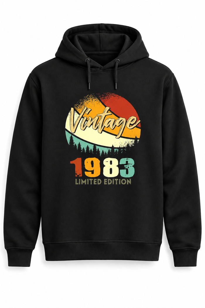 Vintage Retro Orman Kişiye Özel Yıl Baskılı Siyah Kapüşonlu Sweatshirt - Sweatshirt ana görsel