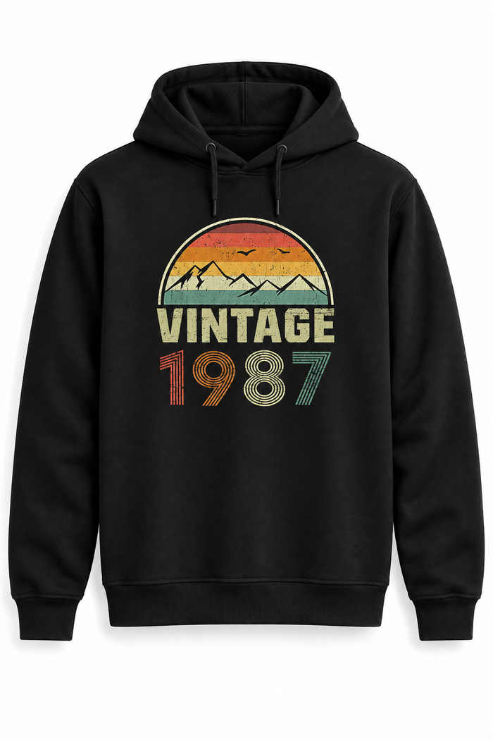 Vintage Dağ Kişiye Özel Yıl Baskılı Siyah Kapüşonlu Sweatshirt - Sweatshirt ana görsel