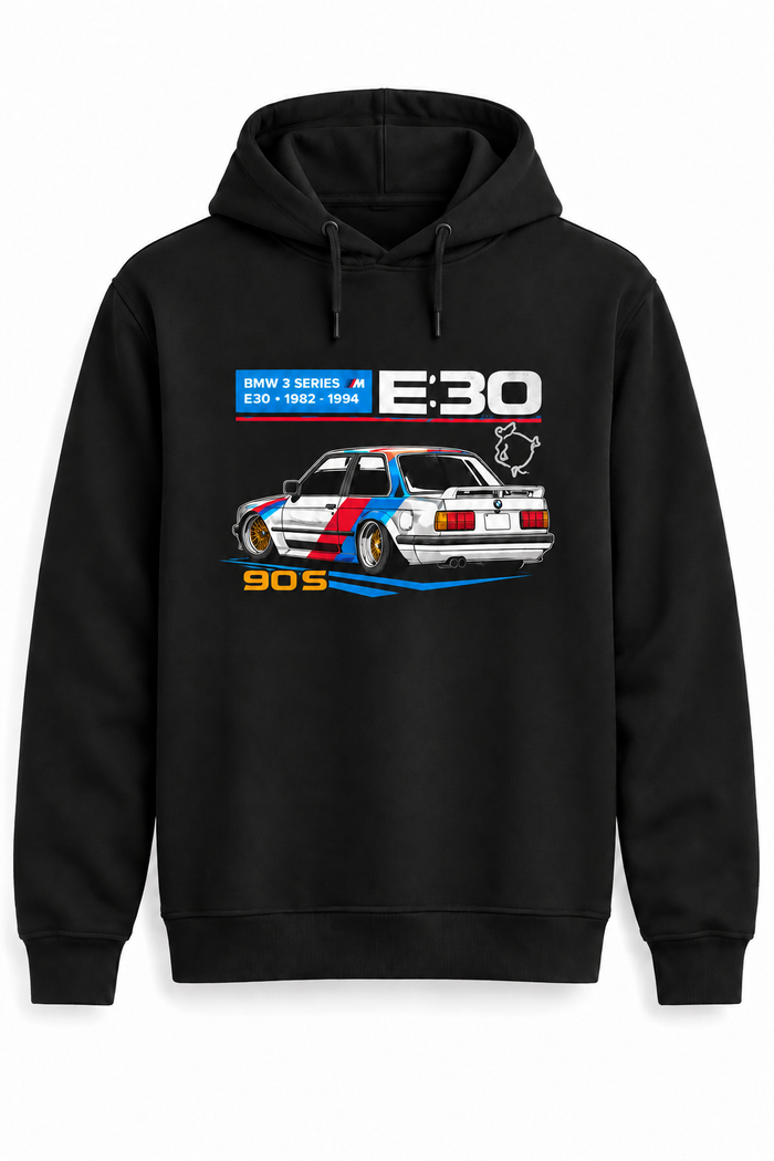 Siyah | BMW E30 90s Motorsport DTG Baskılı Kapüşonlu Cepsiz Sweatshirt — tek ürün fotoğrafı