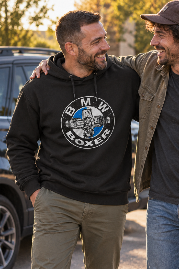 Siyah | BMW Boxer Motor DTG Baskılı Kapüşonlu Cepsiz Sweatshirt — mankenli görünüm 1