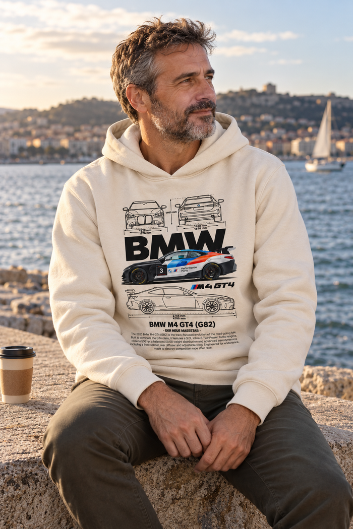 Ekru | BMW M4 GT4 G82 Teknik Çizim DTG Baskılı Kapüşonlu Cepsiz Sweatshirt — mankenli görünüm 2