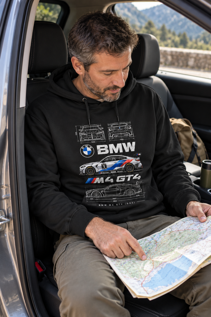 Siyah | BMW M4 GT4 G82 Teknik Çizim DTG Baskılı Kapüşonlu Cepsiz Sweatshirt — mankenli görünüm 3
