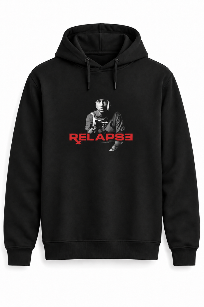 Eminem Relapse Baskılı Siyah Kapüşonlu Cepsiz Sweatshirt - tek ürün ana görsel — AlfaTshirt orijinal iki bağcıklı cepsiz sweatshirt kalıbı